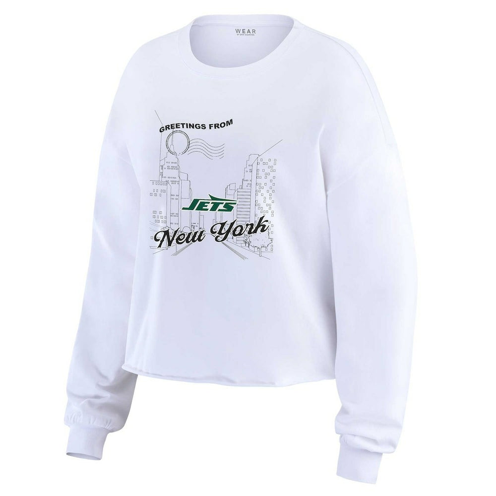 New York Jets WEAR by Erin Andrews Women's Postcard Cropped Long Sleeve Top White