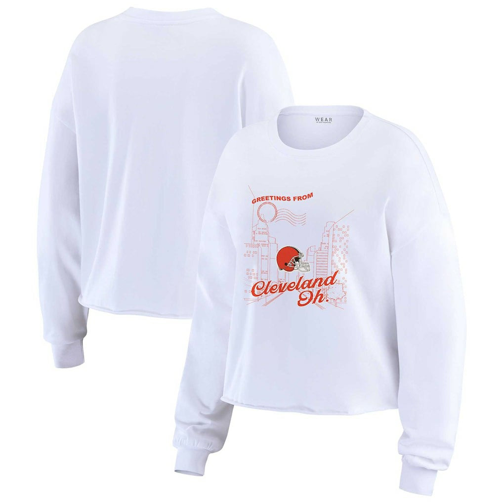 Cleveland Browns WEAR by Erin Andrews Women's Postcard Cropped Long Sleeve Top White