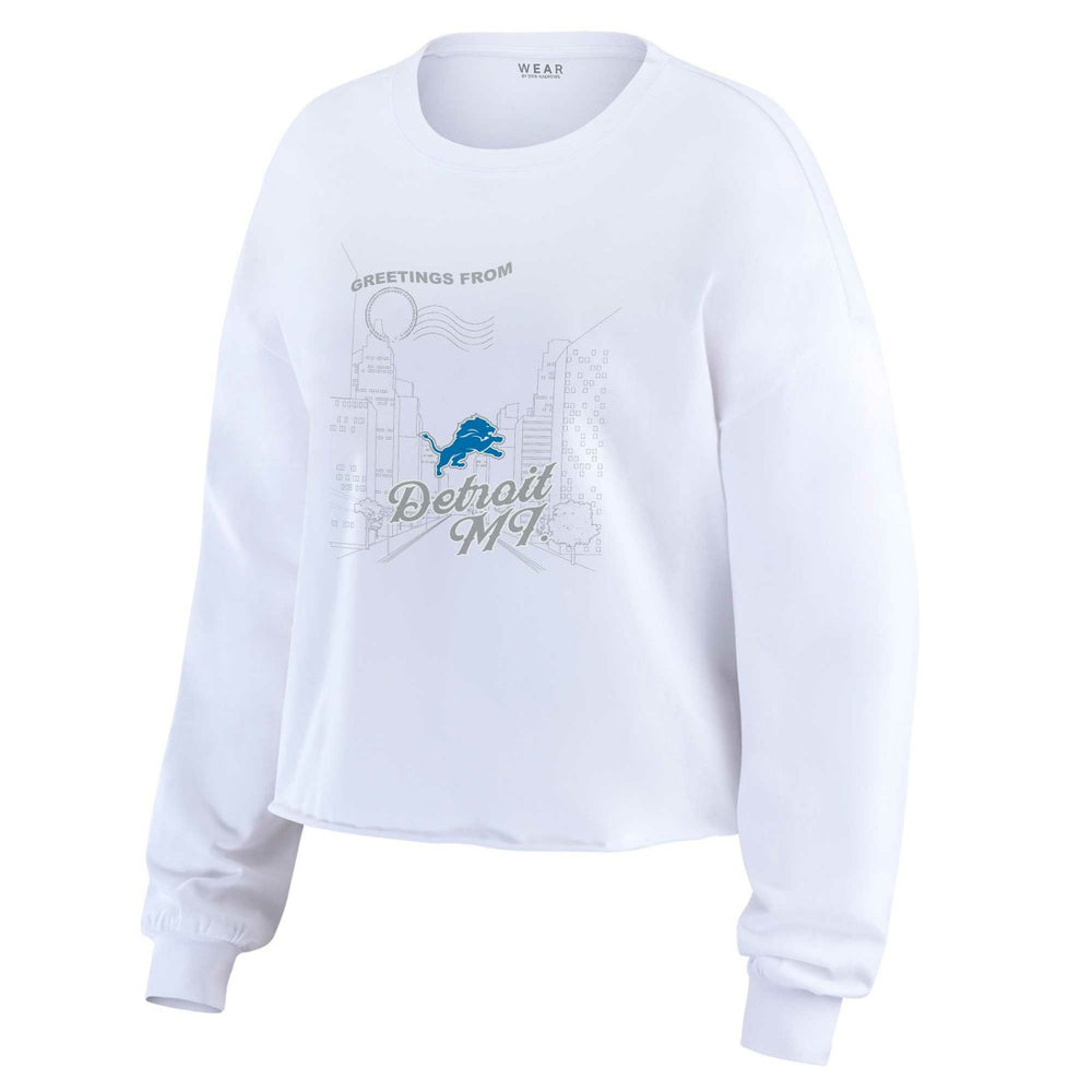 Detroit Lions WEAR by Erin Andrews Women's Postcard Cropped Long Sleeve Top White