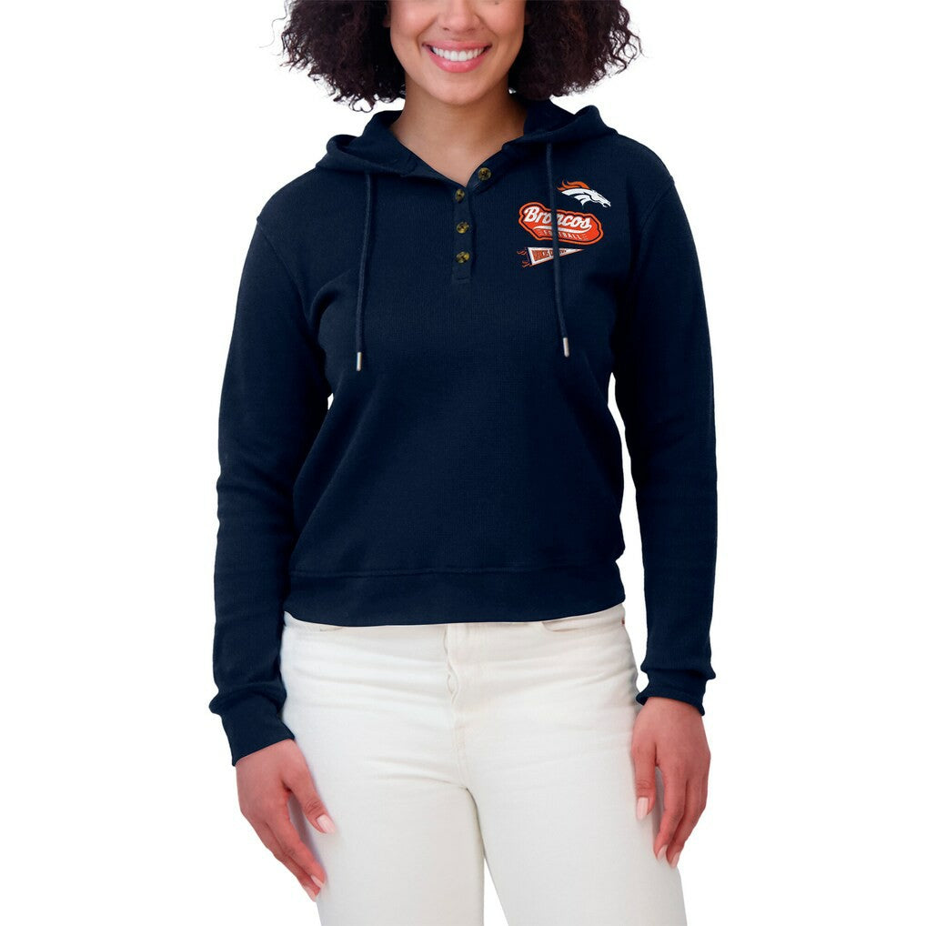 Denver Broncos WEAR by Erin Andrews Women's Waffle-Knit Pullover Hoodie Navy