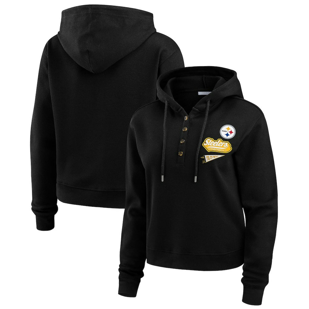 Pittsburgh Steelers WEAR by Erin Andrews Women's Waffle-Knit Pullover Hoodie Black