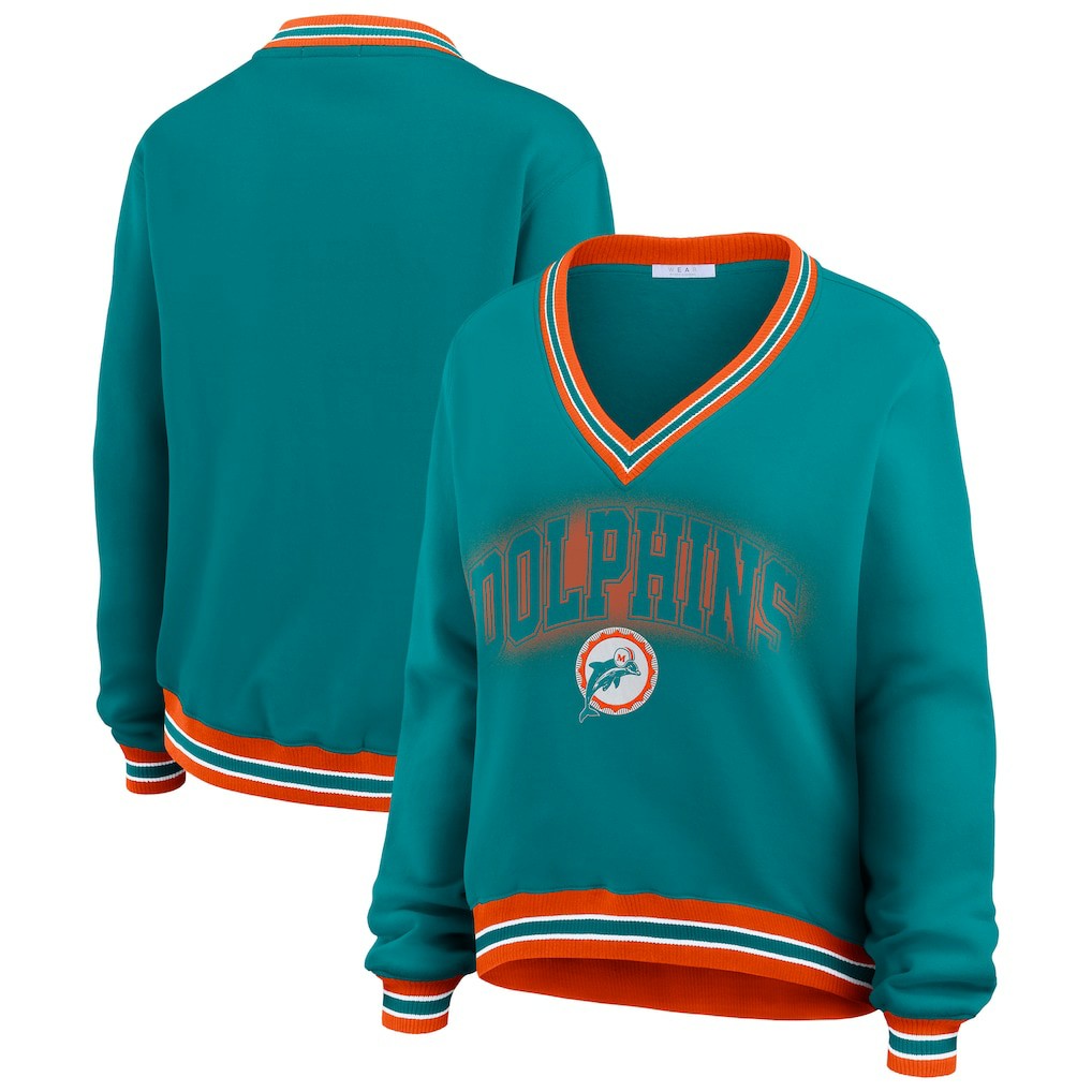 Miami Dolphins WEAR by Erin Andrews Women's Oversized Long Sleeve V-Neck Sweatshirt Aqua