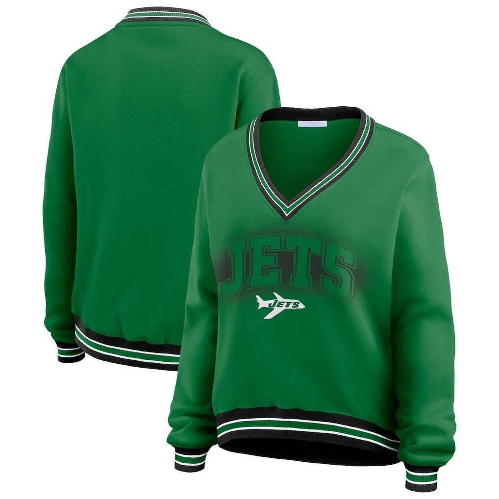 New York Jets WEAR by Erin Andrews Women's Oversized Long Sleeve V-Neck Sweatshirt Green