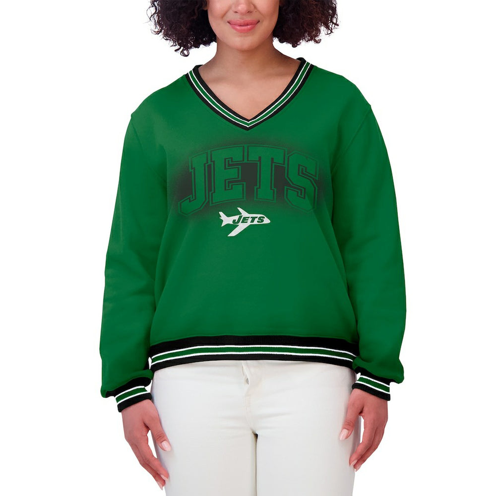 New York Jets WEAR by Erin Andrews Women's Oversized Long Sleeve V-Neck Sweatshirt Green