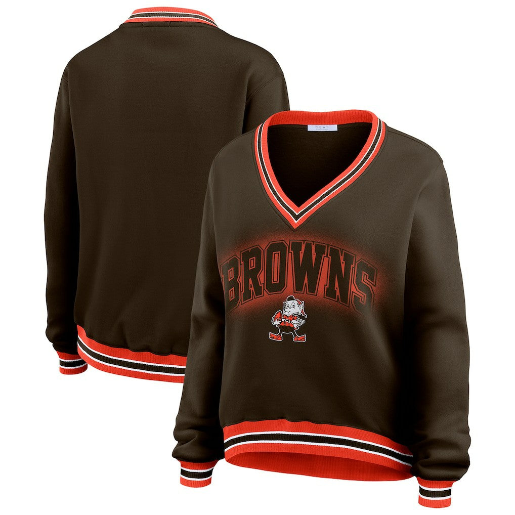 Cleveland Browns WEAR by Erin Andrews Women's Oversized Long Sleeve V-Neck Sweatshirt Brown
