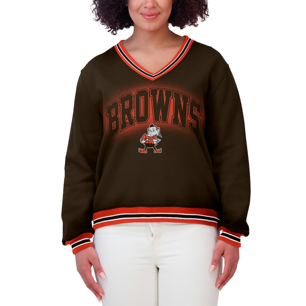 Cleveland Browns WEAR by Erin Andrews Women's Oversized Long Sleeve V-Neck Sweatshirt Brown