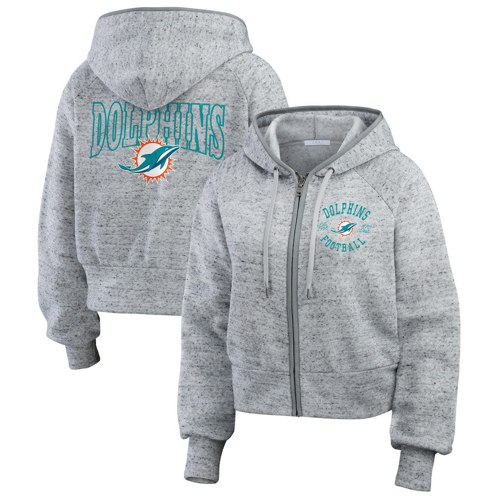 Miami Dolphins WEAR by Erin Andrews Women's Speckled Fleece Cropped Full-Zip Hoodie Heather Gray