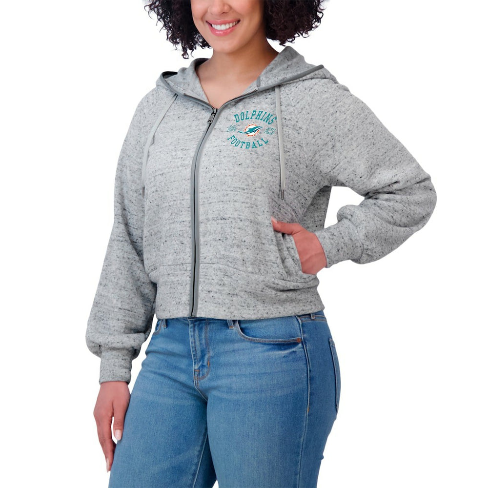 Miami Dolphins WEAR by Erin Andrews Women's Speckled Fleece Cropped Full-Zip Hoodie Heather Gray