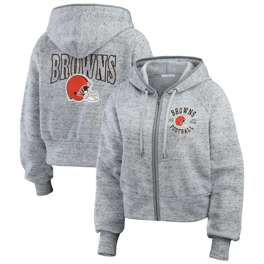 Cleveland Browns WEAR by Erin Andrews Women's Speckled Fleece Cropped Full-Zip Hoodie Heather Gray
