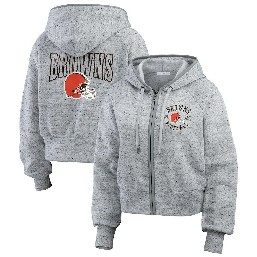 Cleveland Browns WEAR by Erin Andrews Women's Speckled Fleece Cropped Full-Zip Hoodie Heather Gray