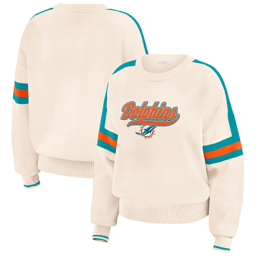 Miami Dolphins WEAR by Erin Andrews Women's Stripe Pullover Sweater Cream