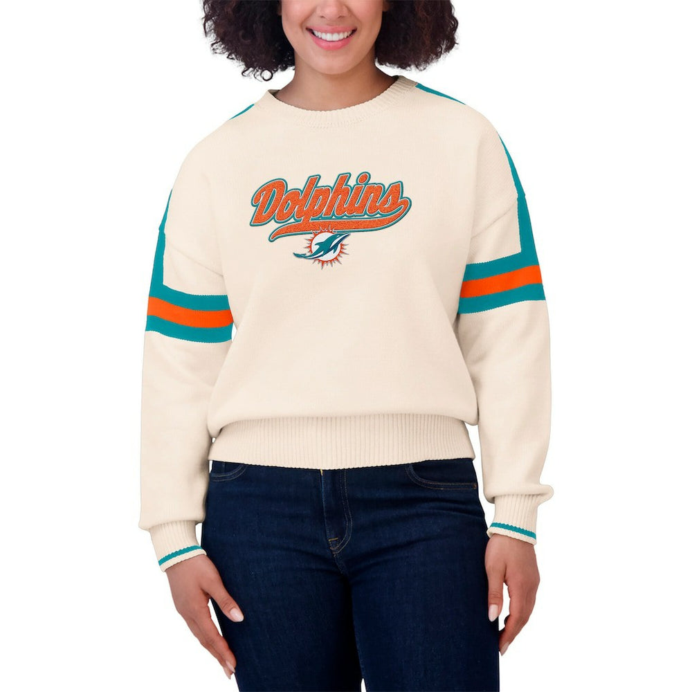 Miami Dolphins WEAR by Erin Andrews Women's Stripe Pullover Sweater Cream