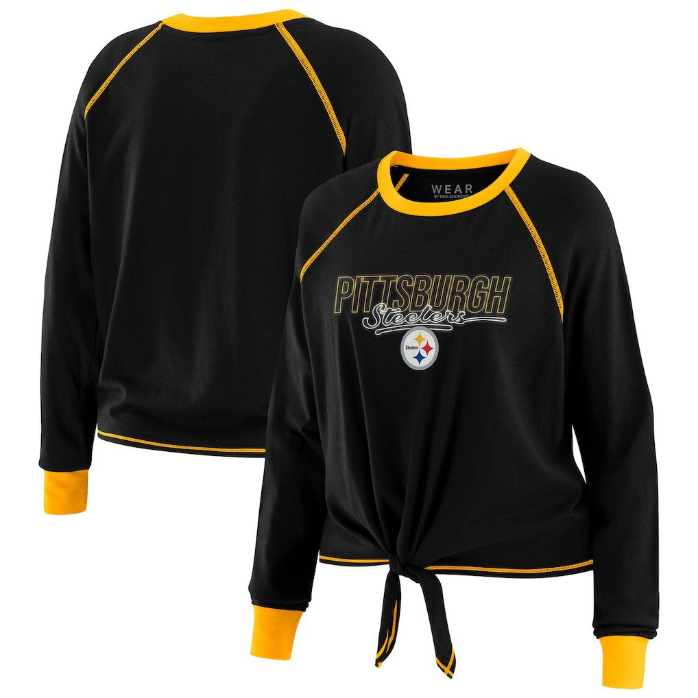 Pittsburgh Steelers WEAR by Erin Andrews Women's Tie-Front Long Sleeve T-Shirt Black