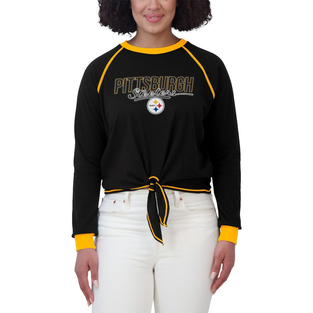 Pittsburgh Steelers WEAR by Erin Andrews Women's Tie-Front Long Sleeve T-Shirt Black