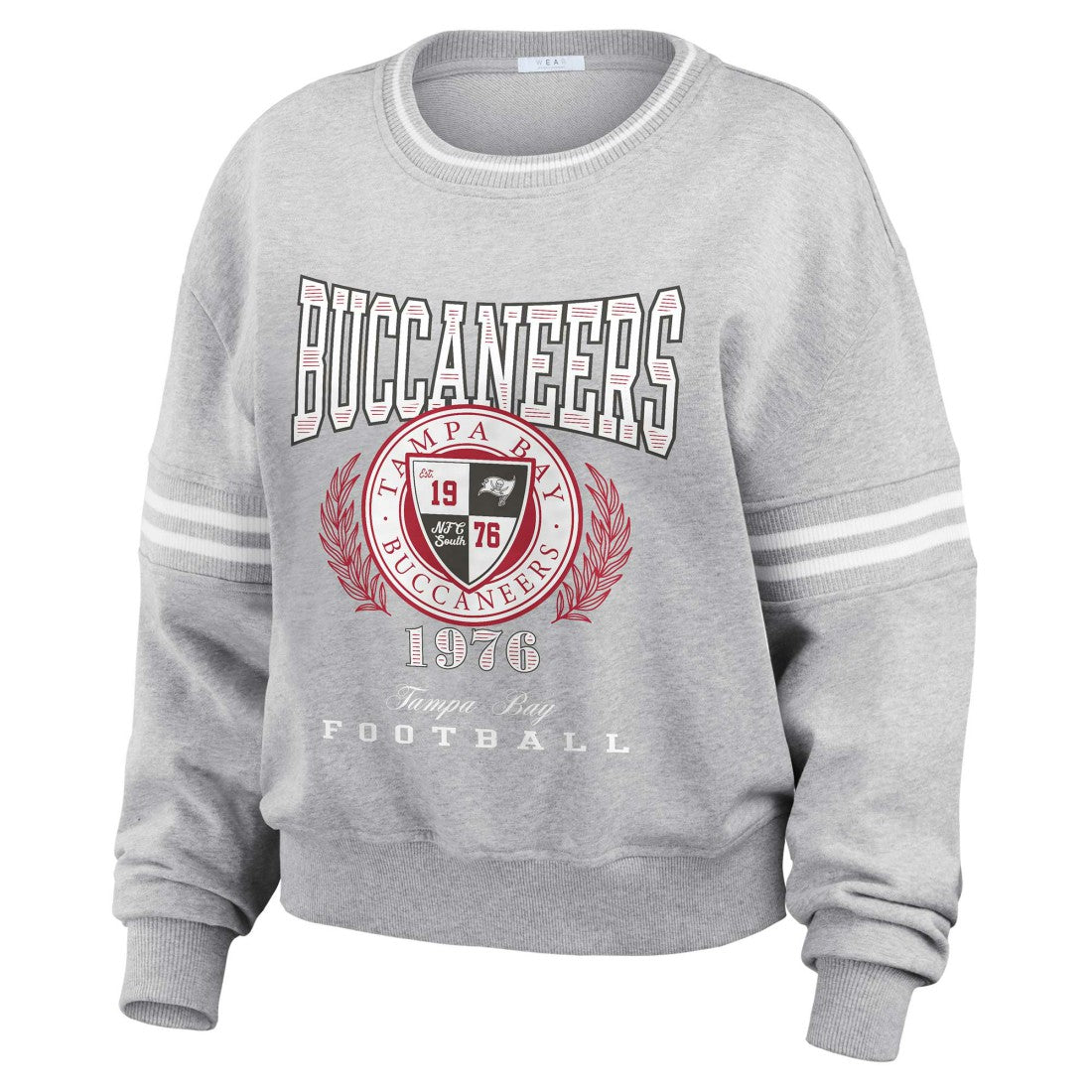 Tampa Bay Buccaneers WEAR by Erin Andrews Women's Cropped Pullover Sweatshirt Heather Gray