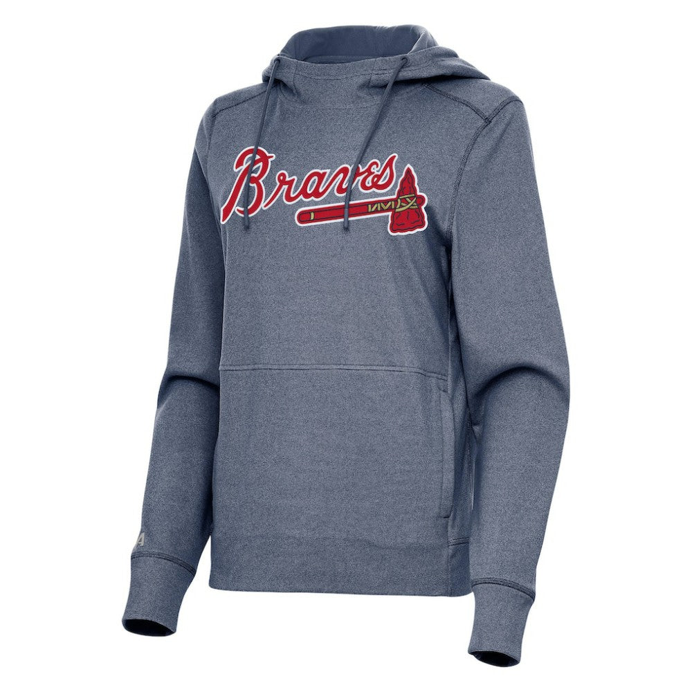 Atlanta Braves Antigua Women's Justice Pullover Hoodie - Heather Navy Hoodies