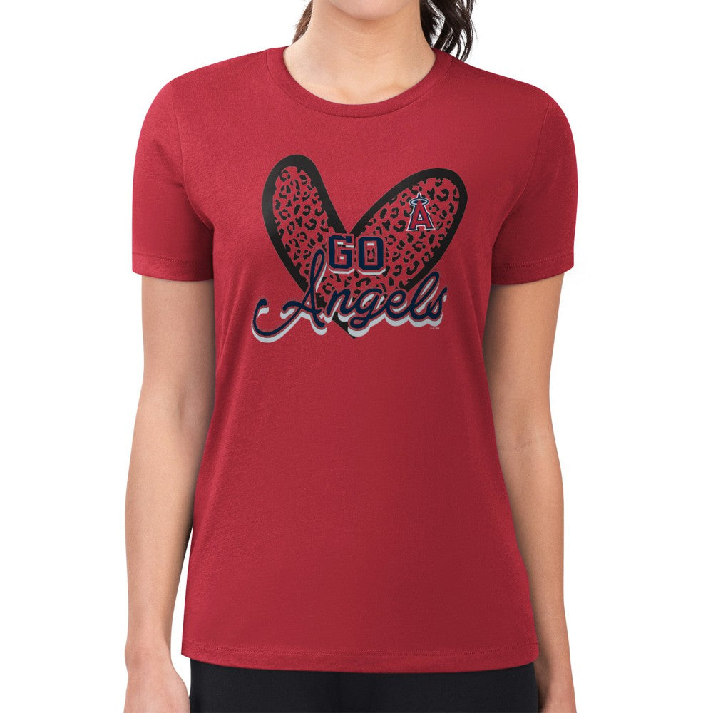 Los Angeles Angels G-III 4Her by Carl Banks Women's Super-Slim Fit Lightweight Leopard Heart T-Shirt - Red T-shirts
