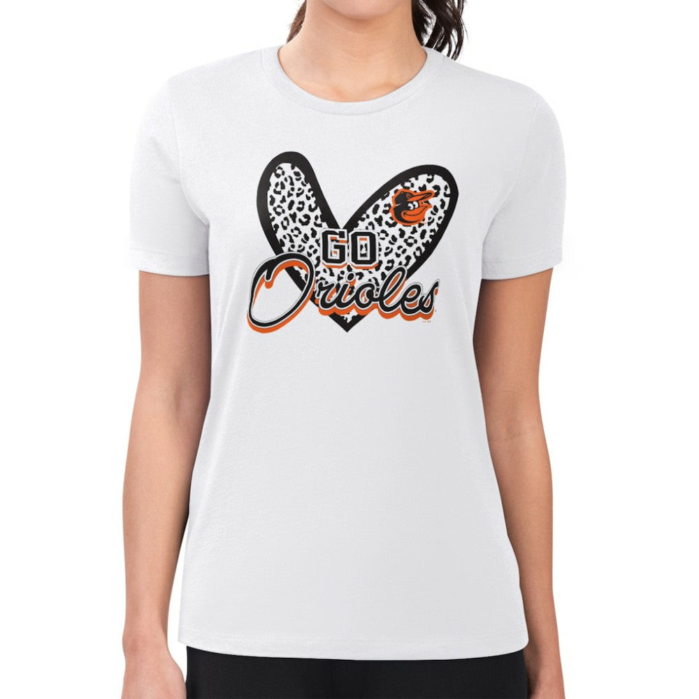 Baltimore Orioles G-III 4Her by Carl Banks Women's Super-Slim Fit Lightweight Leopard Heart T-Shirt - White T-shirts