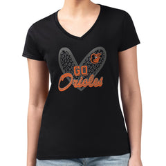 Baltimore Orioles G-III 4Her by Carl Banks Women's Super-Slim Fit Lightweight Leopard Heart V-Neck T-Shirt - Black T-shirts