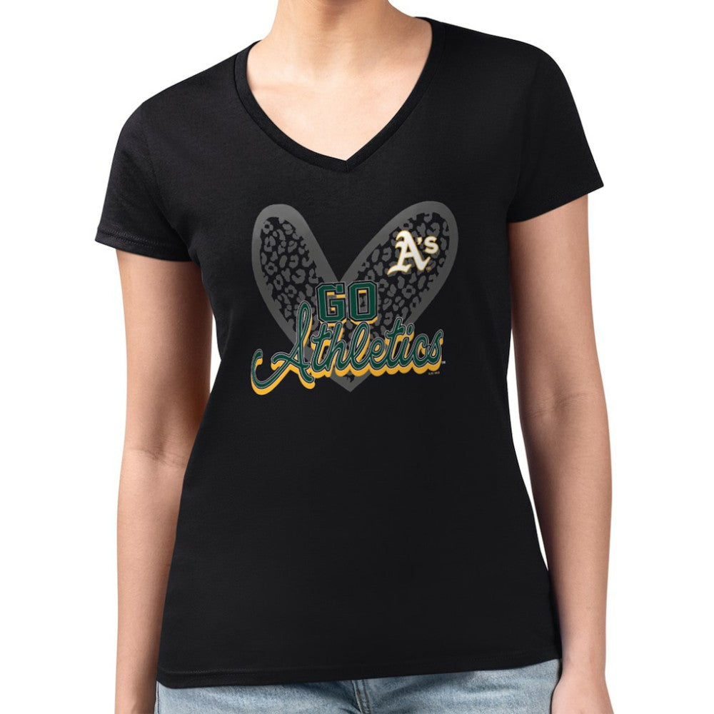 Athletics G-III 4Her by Carl Banks Women's Super-Slim Fit Lightweight Leopard Heart V-Neck T-Shirt - Black T-shirts