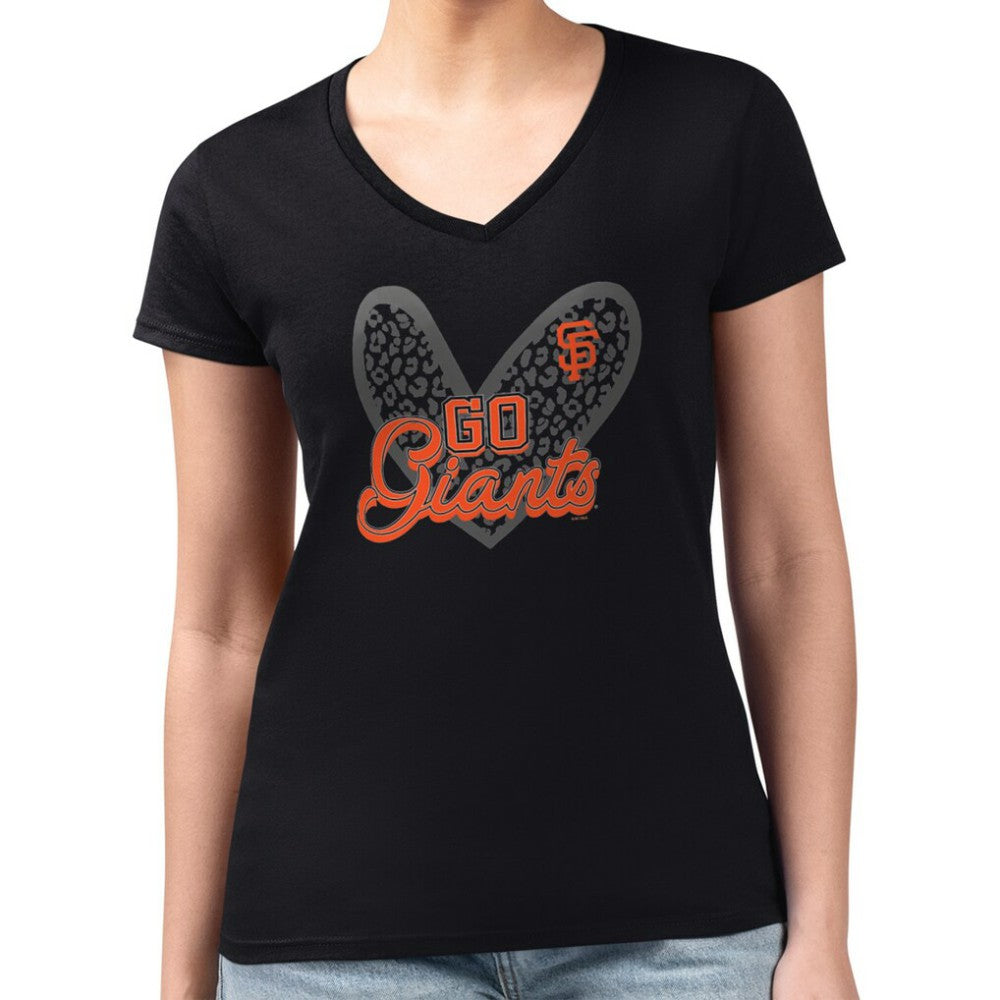 San Francisco Giants G-III 4Her by Carl Banks Women's Super-Slim Fit Lightweight Leopard Heart V-Neck T-Shirt - Black T-shirts