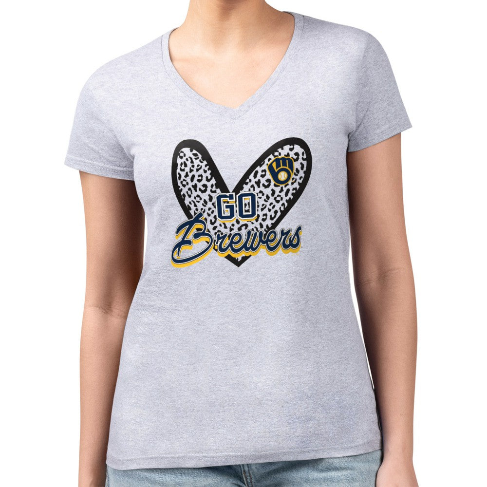 Milwaukee Brewers G-III 4Her by Carl Banks Women's Super-Slim Fit Lightweight Leopard Heart V-Neck T-Shirt - Heather Gray T-shirts