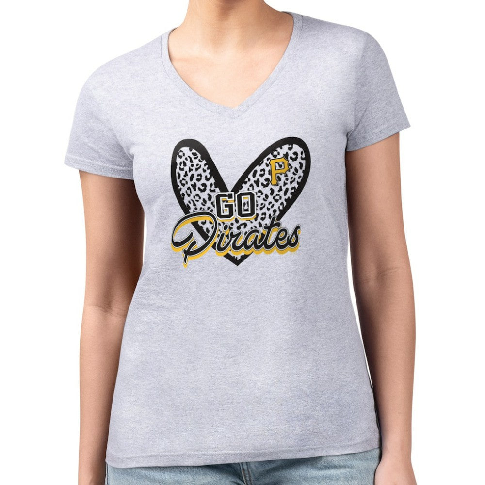 Pittsburgh Pirates G-III 4Her by Carl Banks Women's Super-Slim Fit Lightweight Leopard Heart V-Neck T-Shirt - Heather Gray T-shirts