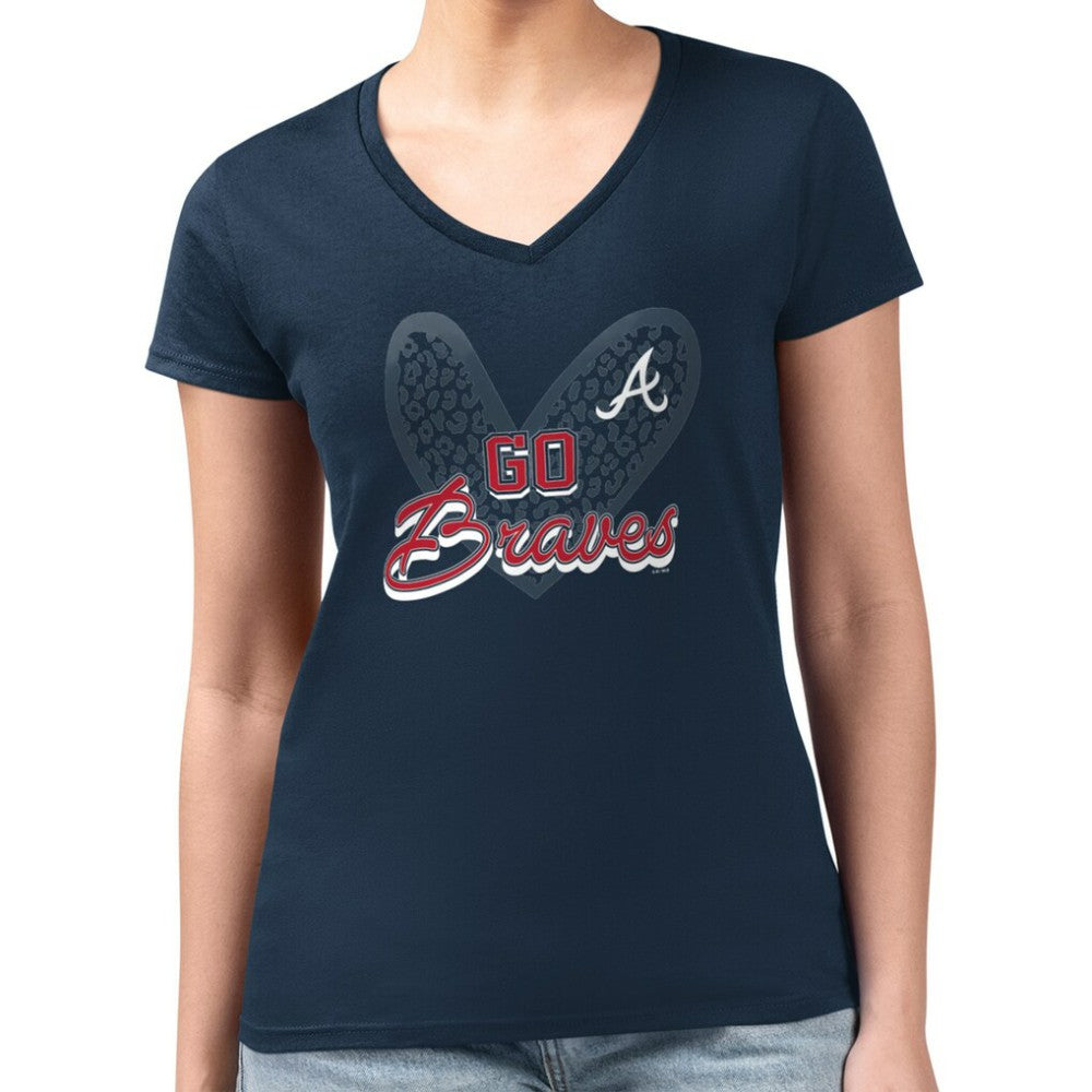 Atlanta Braves G-III 4Her by Carl Banks Women's Super-Slim Fit Lightweight Leopard Heart V-Neck T-Shirt - Navy T-shirts
