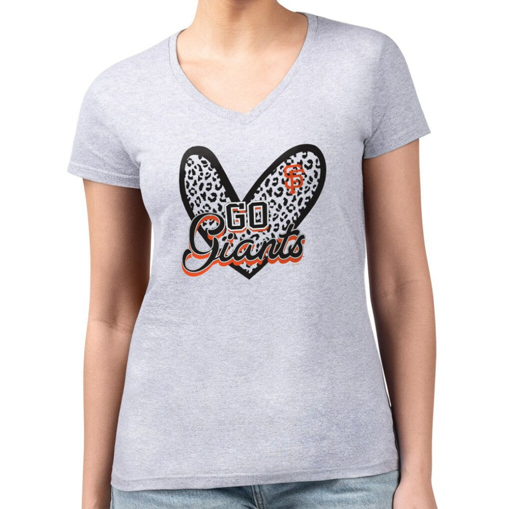 San Francisco Giants G-III 4Her by Carl Banks Women's Super-Slim Fit Lightweight Leopard Heart V-Neck T-Shirt - Heather Gray T-shirts