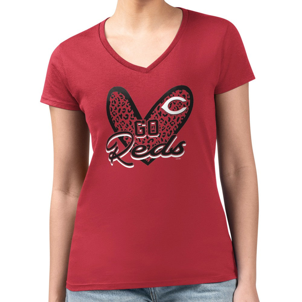 Cincinnati Reds G-III 4Her by Carl Banks Women's Super-Slim Fit Lightweight Leopard Heart V-Neck T-Shirt - Red T-shirts