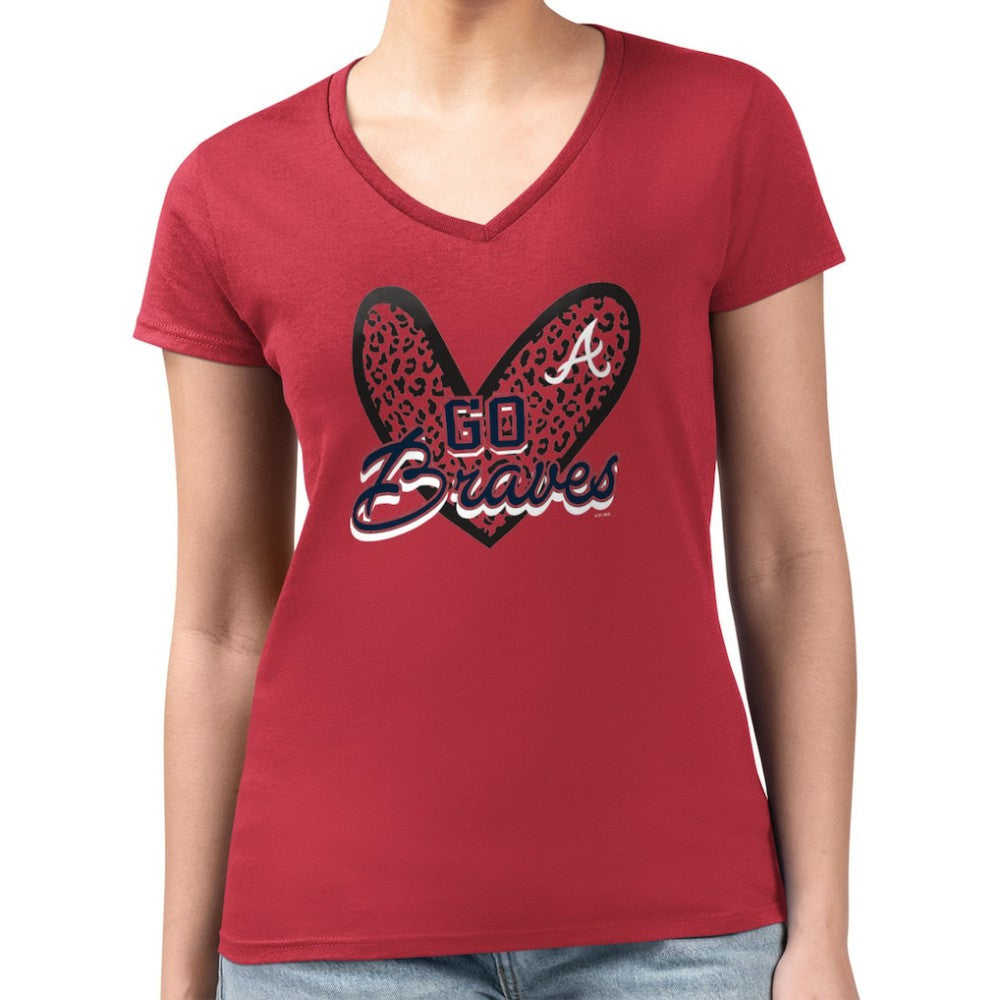 Atlanta Braves G-III 4Her by Carl Banks Women's Super-Slim Fit Lightweight Leopard Heart V-Neck T-Shirt - Red T-shirts