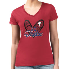 Philadelphia Phillies G-III 4Her by Carl Banks Women's Super-Slim Fit Lightweight Leopard Heart V-Neck T-Shirt - Red T-shirts