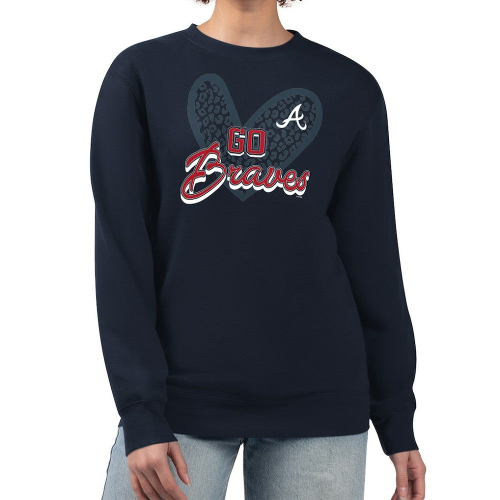 Atlanta Braves G-III 4Her by Carl Banks Women's Leopard Heart Pullover Sweatshirt - Navy Pullover