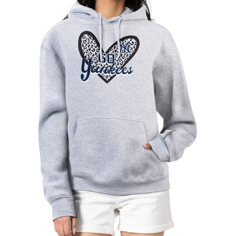 New York Yankees G-III 4Her by Carl Banks Women's Leopard Heart Pullover Hoodie - Heather Gray Hoodies