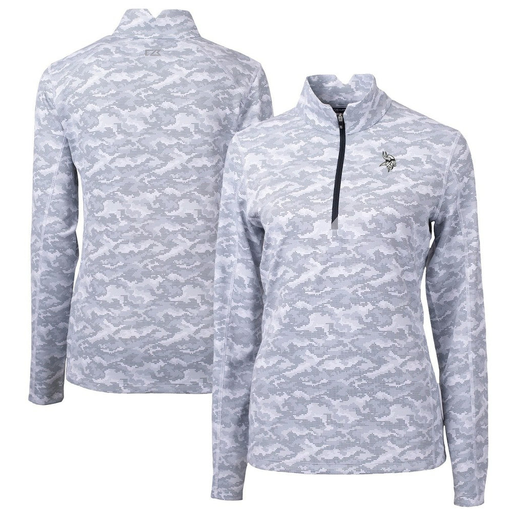 Minnesota Vikings Cutter & Buck Women's Traverse Camo Print Stretch Tri-Blend Quarter-Zip Top Gray