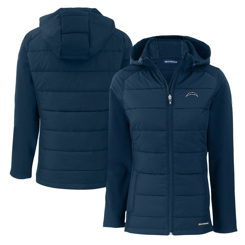 Los Angeles Chargers Cutter & Buck Women's Evoke Hybrid Eco Softshell Recycled Full-Zip Hoodie Jacket Navy