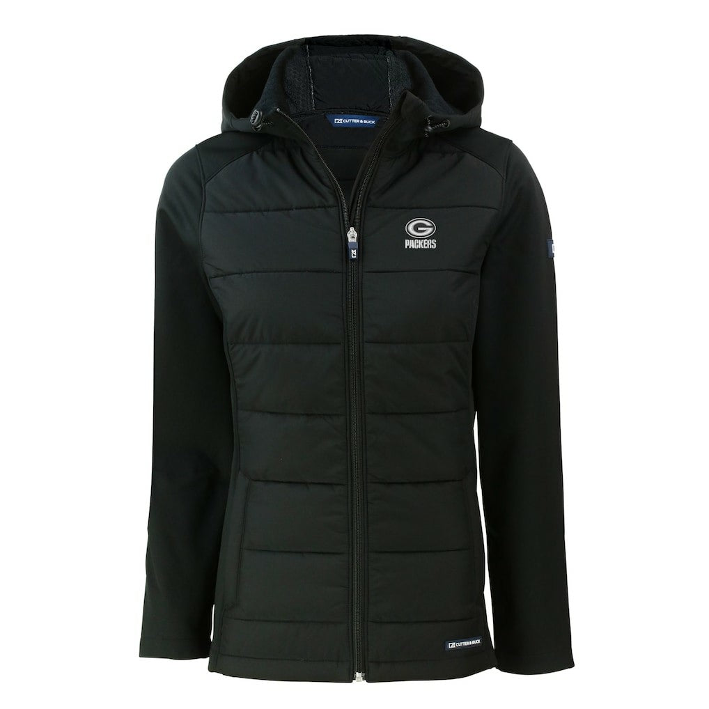 Green Bay Packers Cutter & Buck Women's Evoke Hybrid Eco Softshell Recycled Full-Zip Hoodie Jacket Black