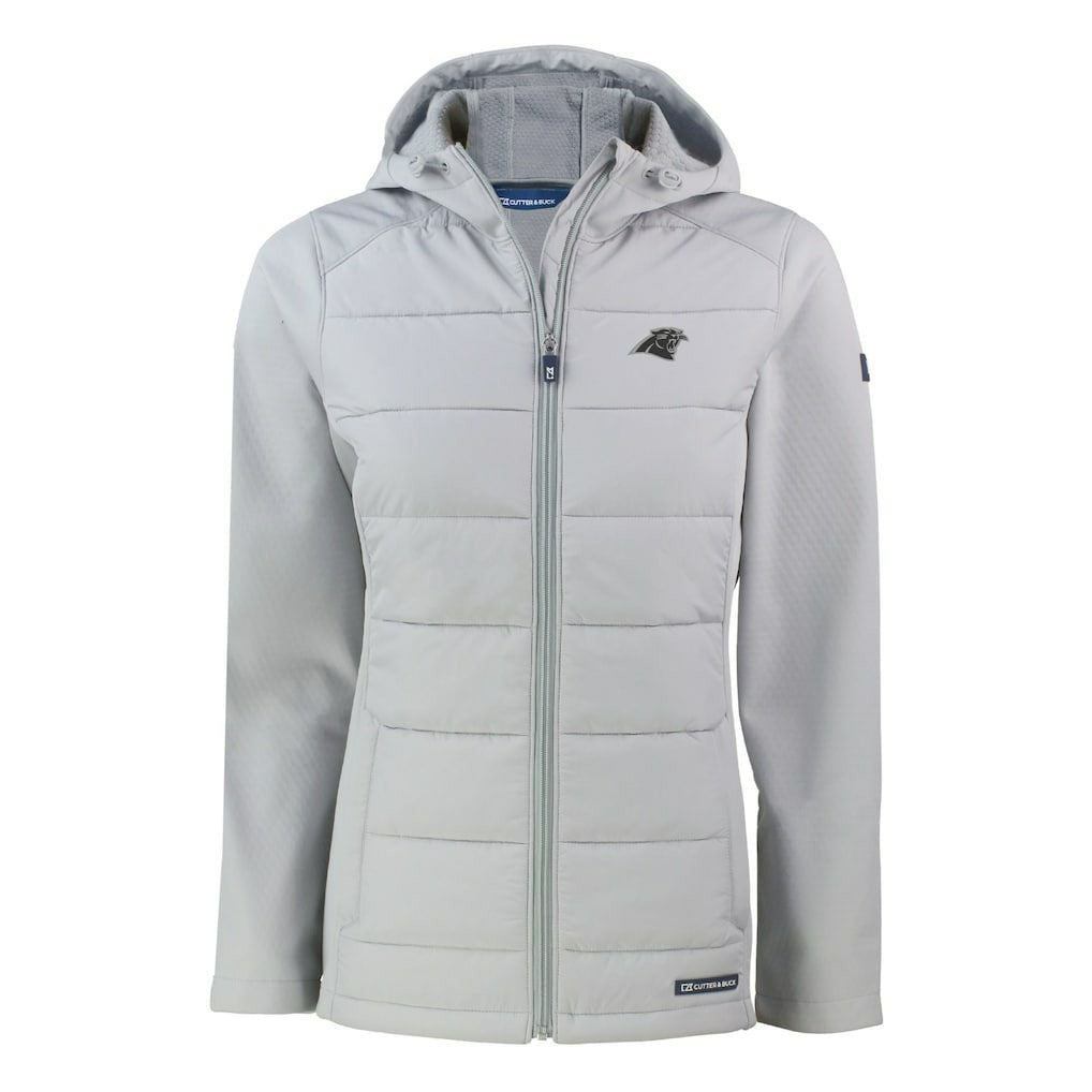 Carolina Panthers Cutter & Buck Women's Evoke Hybrid Eco Softshell Recycled Full-Zip Hoodie Jacket Gray