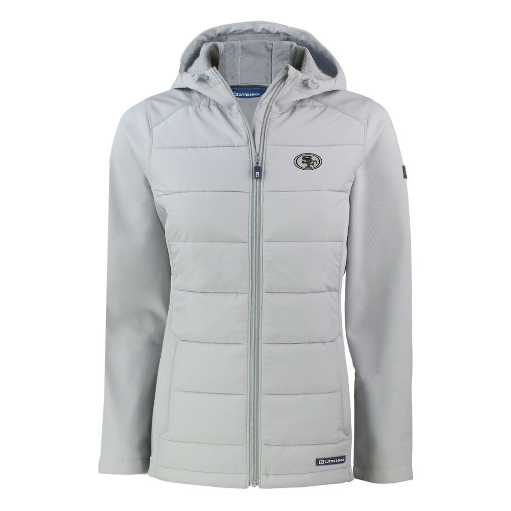 San Francisco 49ers Cutter & Buck Women's Evoke Hybrid Eco Softshell Recycled Full-Zip Hoodie Jacket Gray
