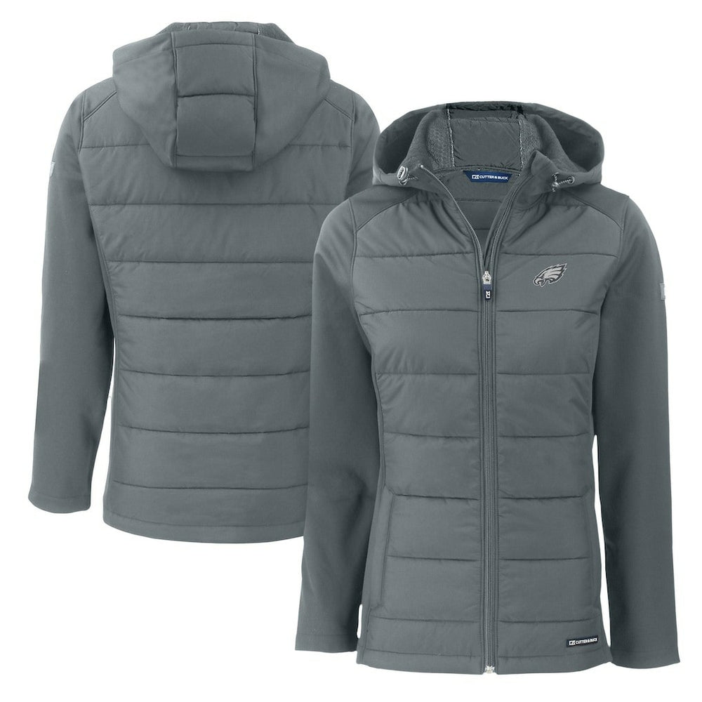 Philadelphia Eagles Cutter & Buck Women's Evoke Hybrid Eco Softshell Recycled Full-Zip Hoodie Jacket Dark Gray
