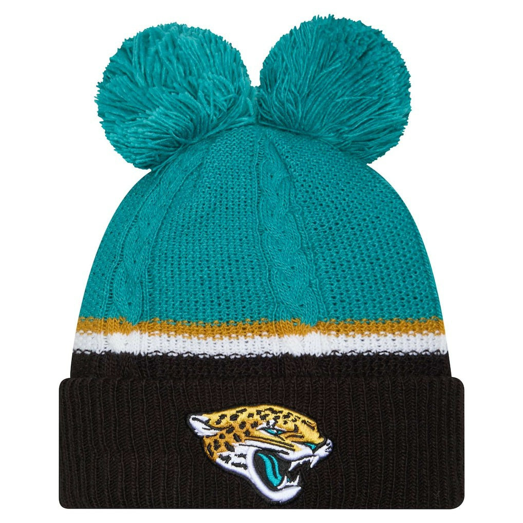 Jacksonville Jaguars New Era Women's Double Bubble Cuffed Knit Hat with Poms Black