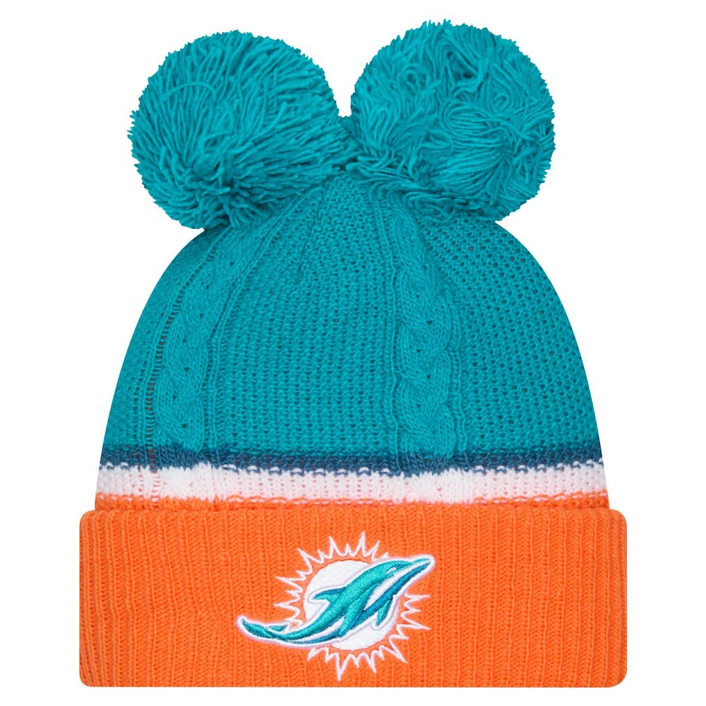 Miami Dolphins New Era Women's Double Bubble Cuffed Knit Hat with Poms Aqua