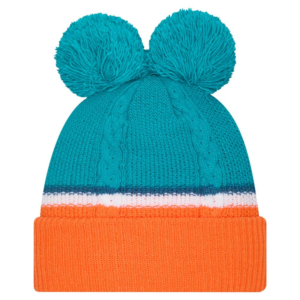 Miami Dolphins New Era Women's Double Bubble Cuffed Knit Hat with Poms Aqua