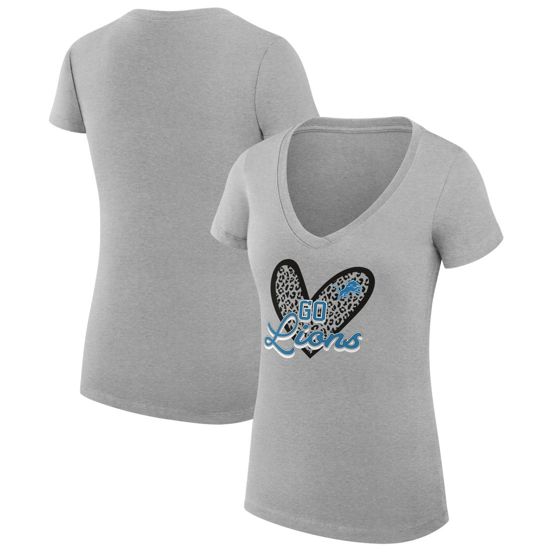 Detroit Lions G-III 4Her by Carl Banks Women's Super-Slim Fit Lightweight Leopard Heart V-Neck T-Shirt Heather Gray