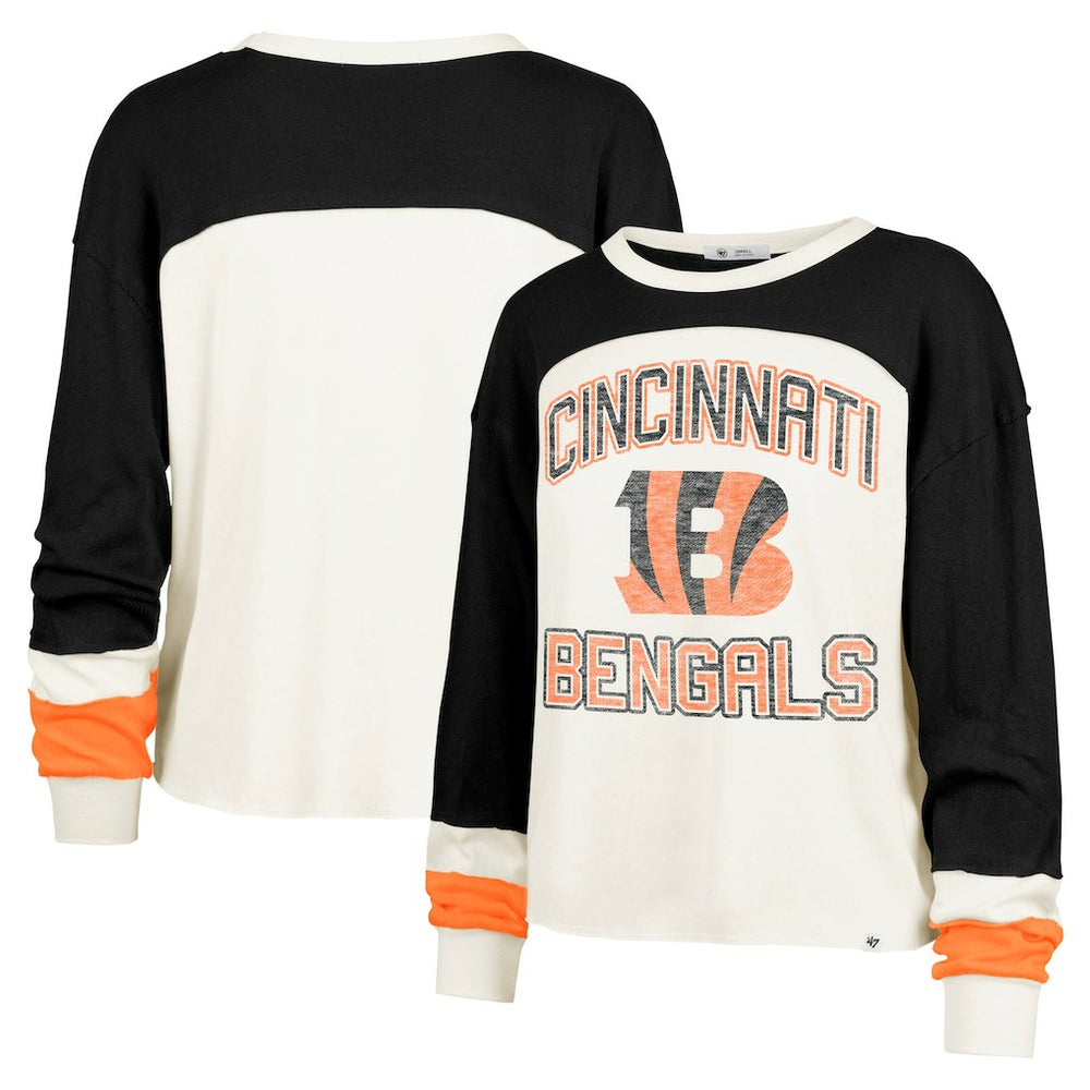Cincinnati Bengals '47 Women's Double Header Curve Raglan Long Sleeve Crop Top Cream