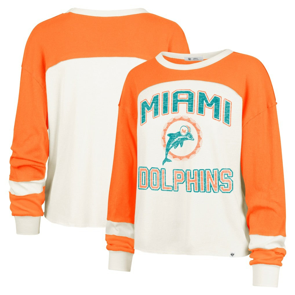 Miami Dolphins '47 Women's Double Header Curve Raglan Long Sleeve Crop Top Cream