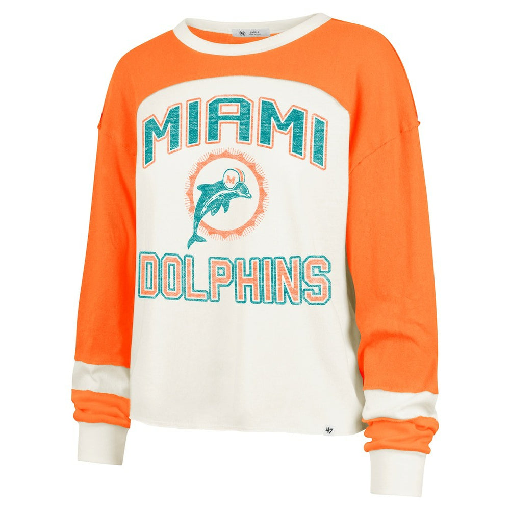 Miami Dolphins '47 Women's Double Header Curve Raglan Long Sleeve Crop Top Cream