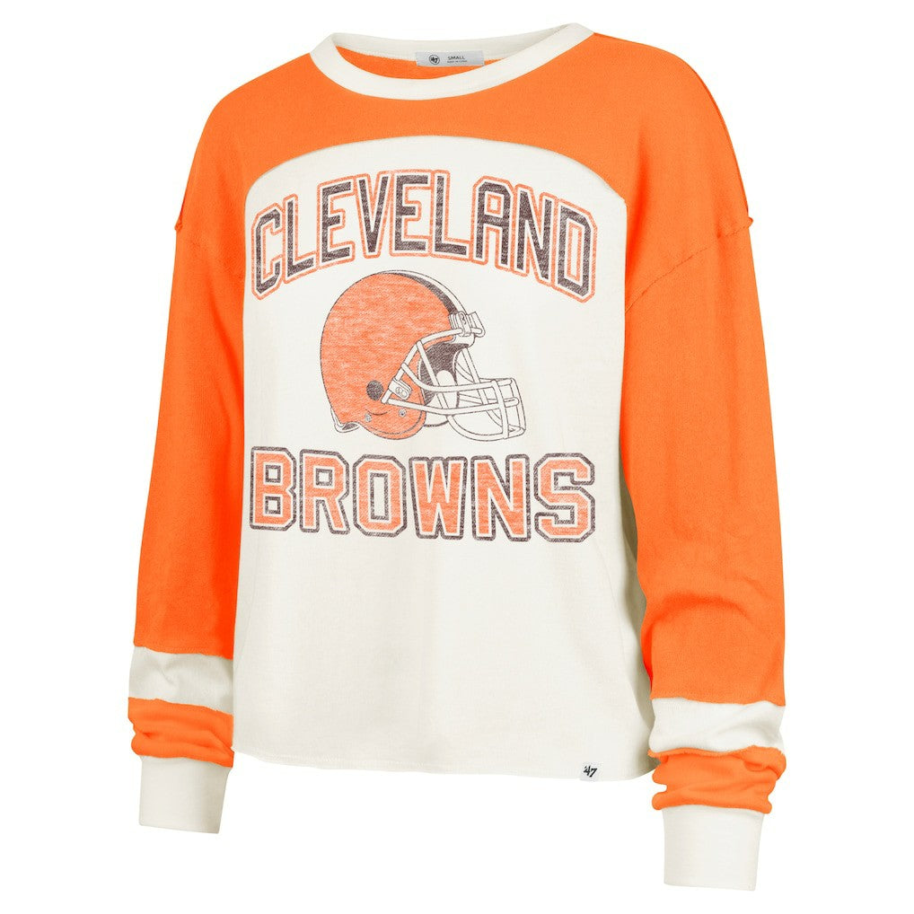 Cleveland Browns '47 Women's Double Header Curve Raglan Long Sleeve Crop Top Cream
