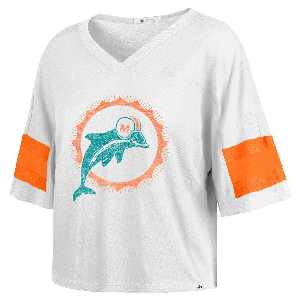 Miami Dolphins '47 Women's Double Header Scout Cropped V-Neck T-Shirt White