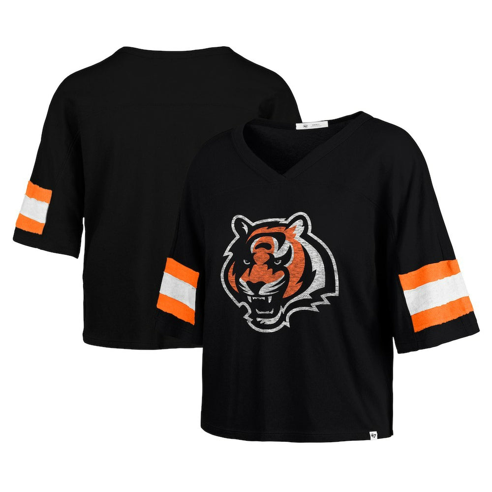 Cincinnati Bengals '47 Women's Double Header Scout Cropped V-Neck T-Shirt Black